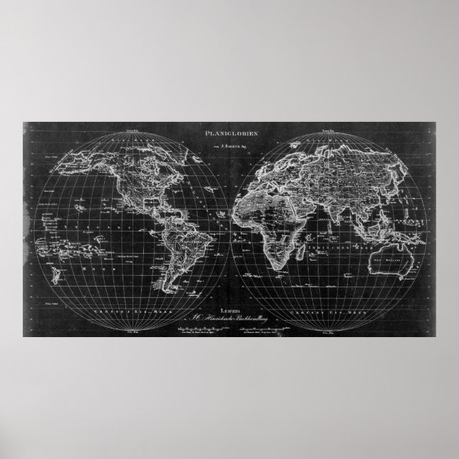 Póster Mapa del mundo blanco y negro (1827) Inverso (Frente)