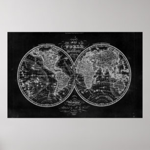 Póster Mapa del mundo blanco y negro (1842)