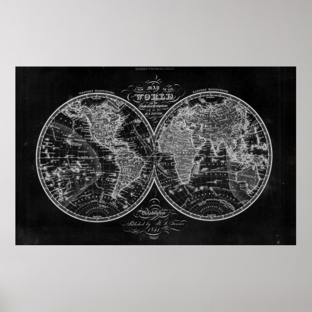 Póster Mapa del mundo blanco y negro (1842) (Frente)