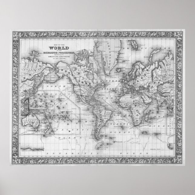 Póster Mapa del mundo blanco y negro (1864) (Frente)
