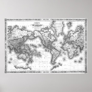 Póster Mapa del mundo blanco y negro (1864) 2