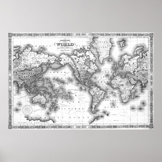 Póster Mapa del mundo blanco y negro (1864) 2 (Frente)