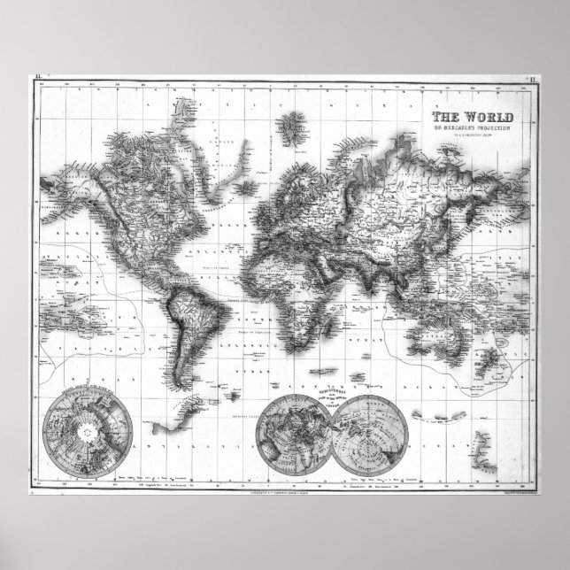Póster Mapa del mundo blanco y negro (1872) (Frente)