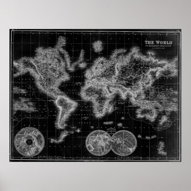 Póster Mapa del mundo blanco y negro (1872) Inverso (Frente)