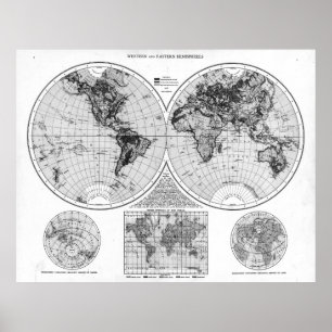 Póster Mapa del mundo blanco y negro (1895) 2