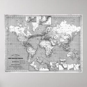 Póster Mapa del mundo blanco y negro (1898)