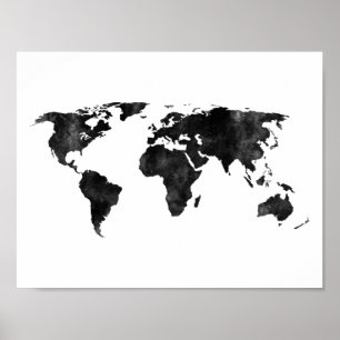 Póster Mapa del mundo blanco y negro de la acuarela