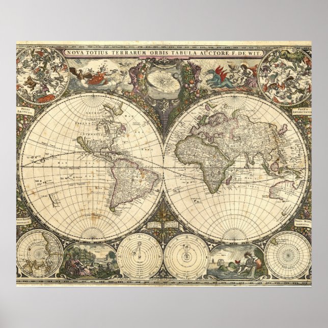 Póster Mapa del mundo de 1660 por Frederick de Wit (Frente)