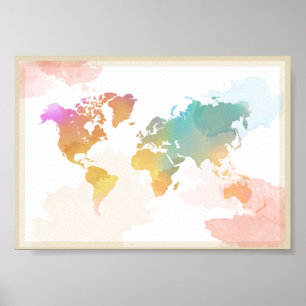 Póster Mapa del mundo de Acuarela
