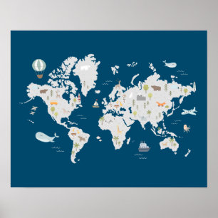 Póster Mapa del mundo de animales lindos