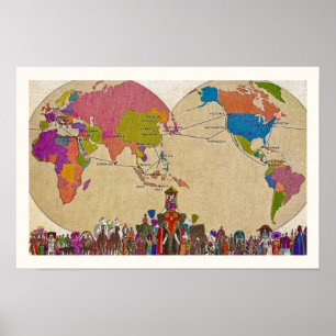 Póster Mapa del mundo de color vintage