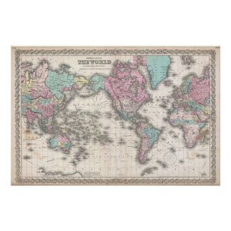 Póster Mapa del mundo de Colton de 1855 en proyección de