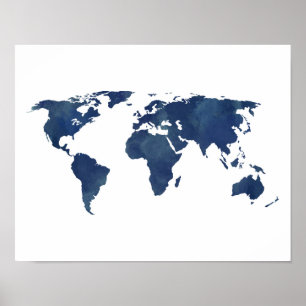 Póster Mapa del mundo de la acuarela del azul real