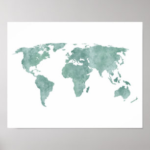 Póster Mapa del mundo de la acuarela verde de la menta de