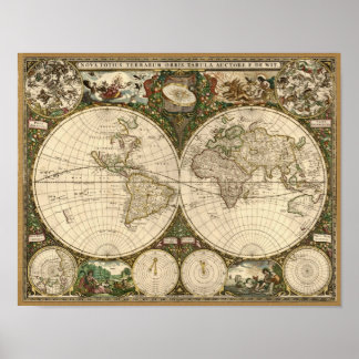 Póster Mapa del mundo de la antigua época 1660 de Frederi