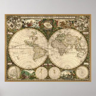 Póster Mapa del mundo de la antigua época 1660 de Frederi
