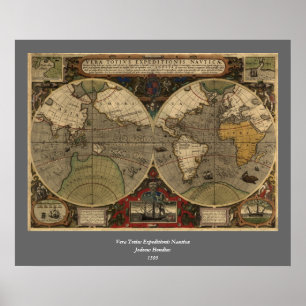 Póster Mapa del mundo de la época 1595 de Jodocuments Hon
