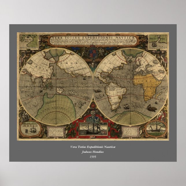 Póster Mapa del mundo de la época 1595 de Jodocuments Hon (Frente)