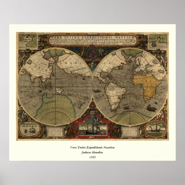 Póster Mapa del mundo de la época 1595 de Jodocuments Hon (Frente)