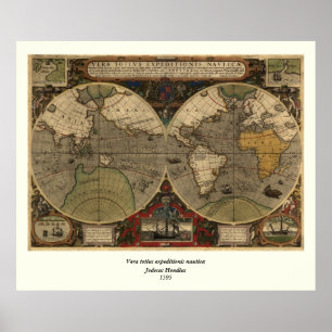 Póster Mapa del mundo de la época 1595 de Jodocuments Hon