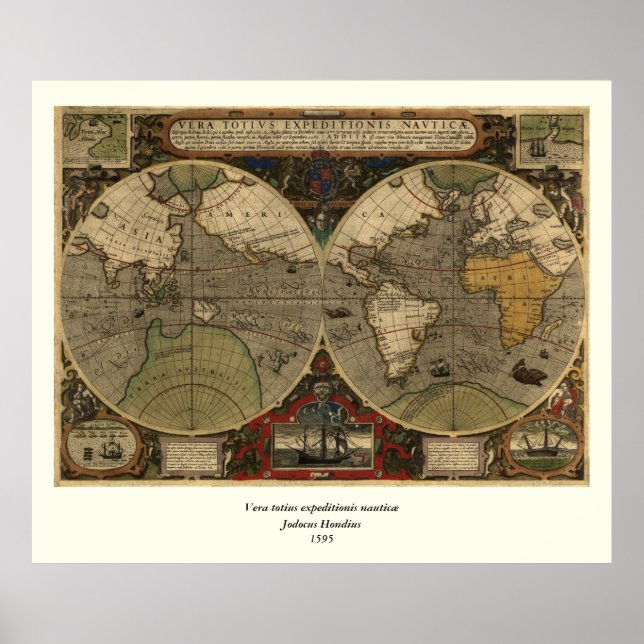 Póster Mapa del mundo de la época 1595 de Jodocuments Hon (Frente)