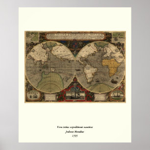 Póster Mapa del mundo de la época 1595 de Jodocuments Hon