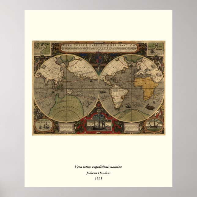 Póster Mapa del mundo de la época 1595 de Jodocuments Hon (Frente)