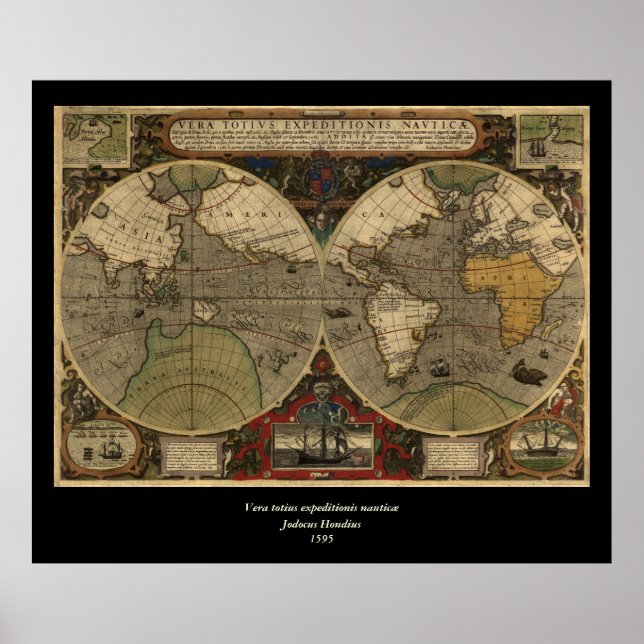 Póster Mapa del mundo de la época 1595 de Jodocuments Hon (Frente)