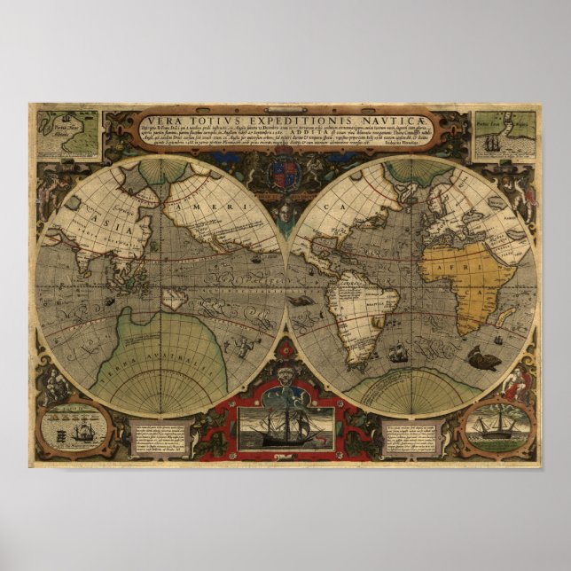 Póster Mapa del mundo de la época 1595 de Jodocuments Hon (Frente)