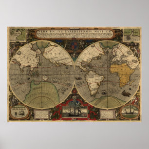 Póster Mapa del mundo de la época 1595 de Jodocuments Hon