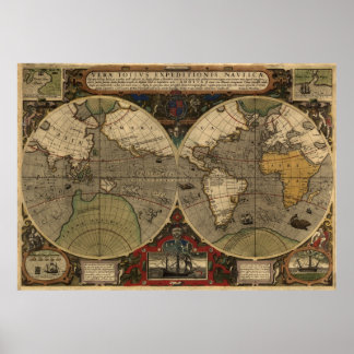Póster Mapa del mundo de la época 1595 de Jodocuments Hon