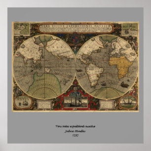 Póster Mapa del mundo de la época 1595 de Jodocuments Hon