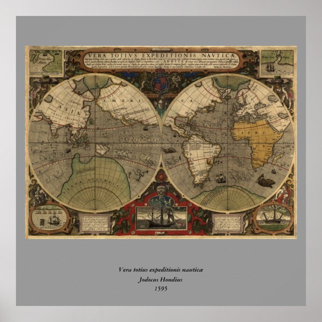 Póster Mapa del mundo de la época 1595 de Jodocuments Hon (Frente)
