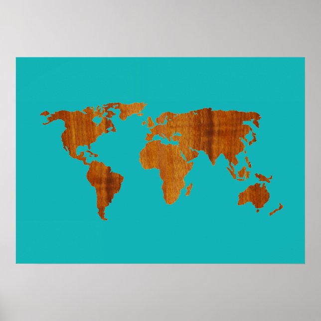 Póster mapa del mundo de la madera turquesa (Frente)