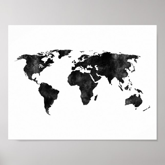 Póster Mapa del mundo de las acuarelas en blanco y negro (Frente)