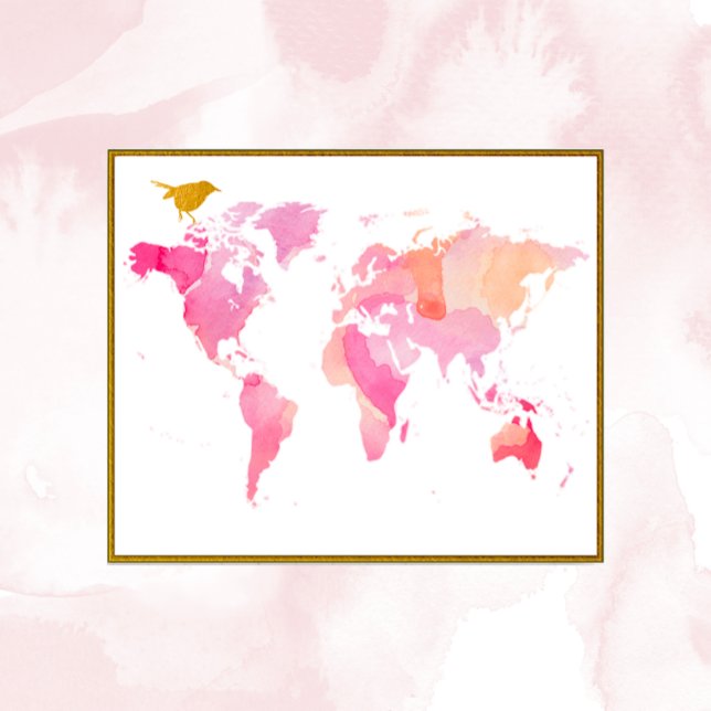 Póster Mapa del mundo de las acuarelas rosadas y doradas (Subido por el creador)