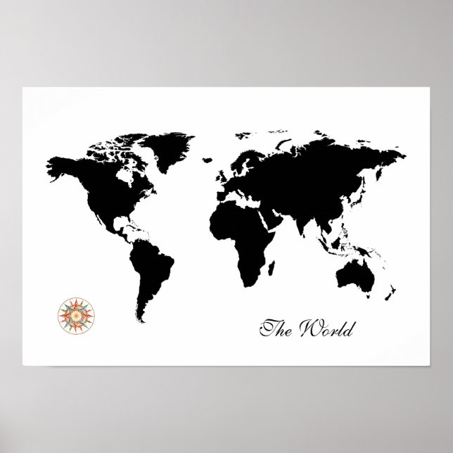 Póster mapa del mundo de viajes en blanco y negro (Frente)