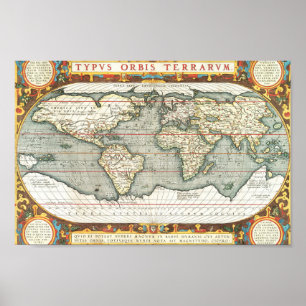 Póster Mapa del Mundo de Vintage de Abraham Ortelius 1587