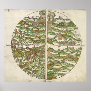 Póster Mapa del mundo de Woodcut más antiguo de 1475