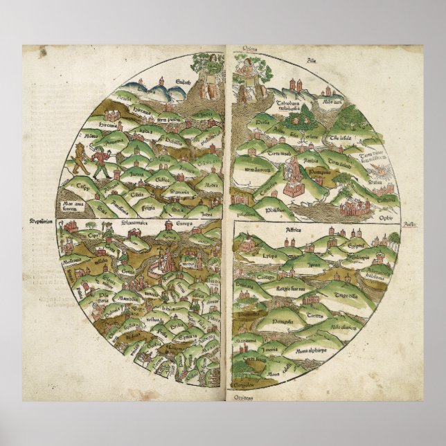 Póster Mapa del mundo de Woodcut más antiguo de 1475 (Frente)