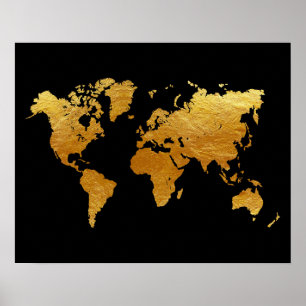 Póster Mapa del mundo del oro y negro