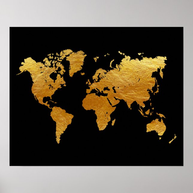 Póster Mapa del mundo del oro y negro (Frente)