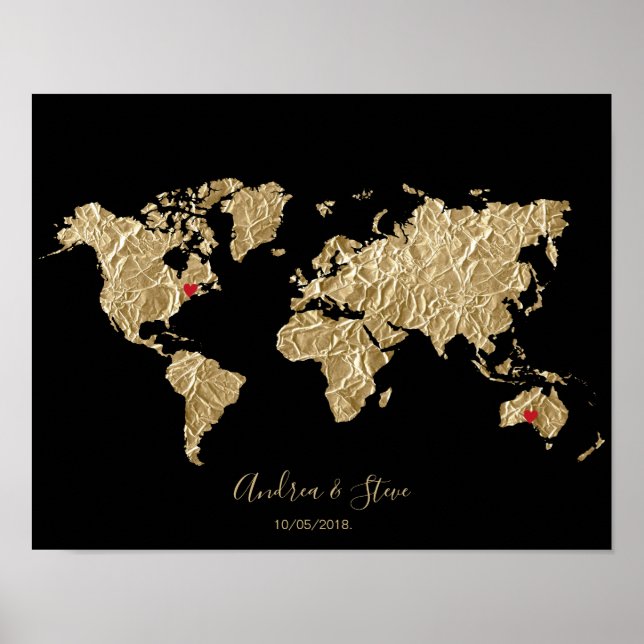 Póster Mapa del mundo del Relieve metalizado dorado con p (Frente)