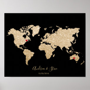 Póster Mapa del mundo del Relieve metalizado dorado con p