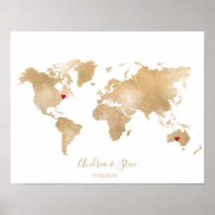 Póster Mapa del mundo del Relieve metalizado dorado con p
