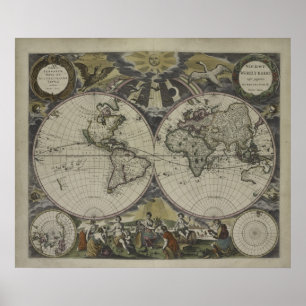 Póster Mapa del mundo doble el   1672 del hemisferio