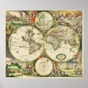 Póster Mapa del mundo en 1689 por Gerard van Schagen
