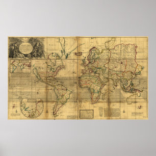 Póster Mapa del mundo entero de Herman Moll (1719)