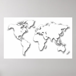 Póster Mapa del mundo Grabado en relieve blanco