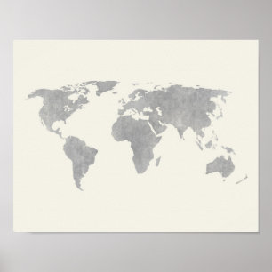 Póster Mapa del mundo gris sobre fondo de lienzo